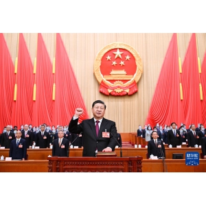 新当选的国家主席、中央军委主席习近平进行宪法宣誓